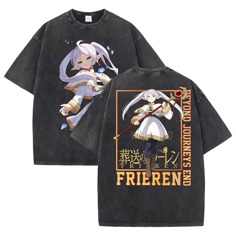 Hot Sale Anime Peripherals Frieren: Beyond Journey's End Graphic Print T-Shirt Men Women Streetwear Fashion Vintage Washed Cotton Summer New Tee