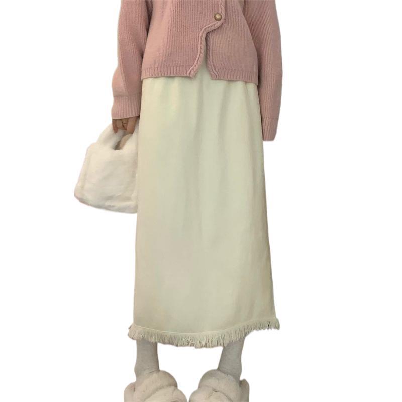 Tassel Knit Over-Knee High Waist Slim Wool Skirt with Matching Sweater