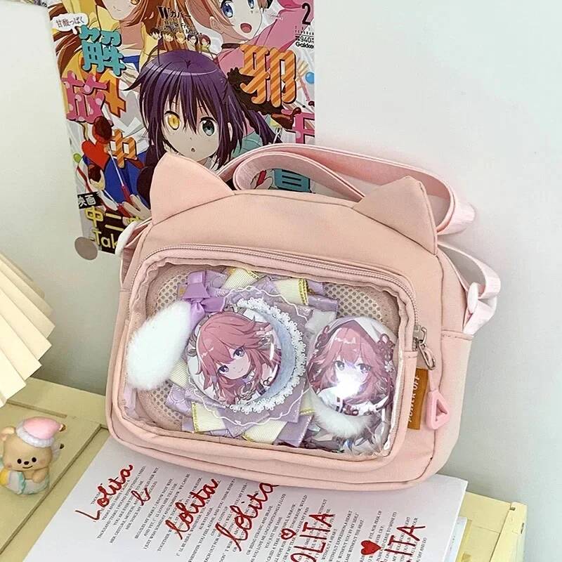 Market-4 Schattige Kattenoren Ita Schoudertas Tweekleurige Meisjes Transparante Mini Crossbody Tas Student DIY Display Anime Messenger Bags 21x16x6cm