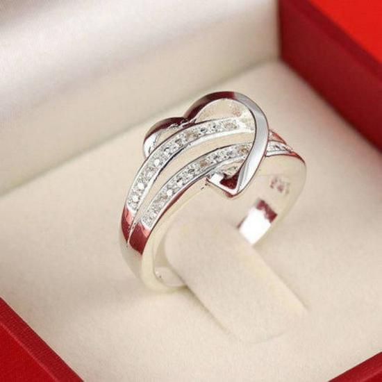 Double Row Half Heart Zirconia Wedding Rings with Diamond Inlay Size 9