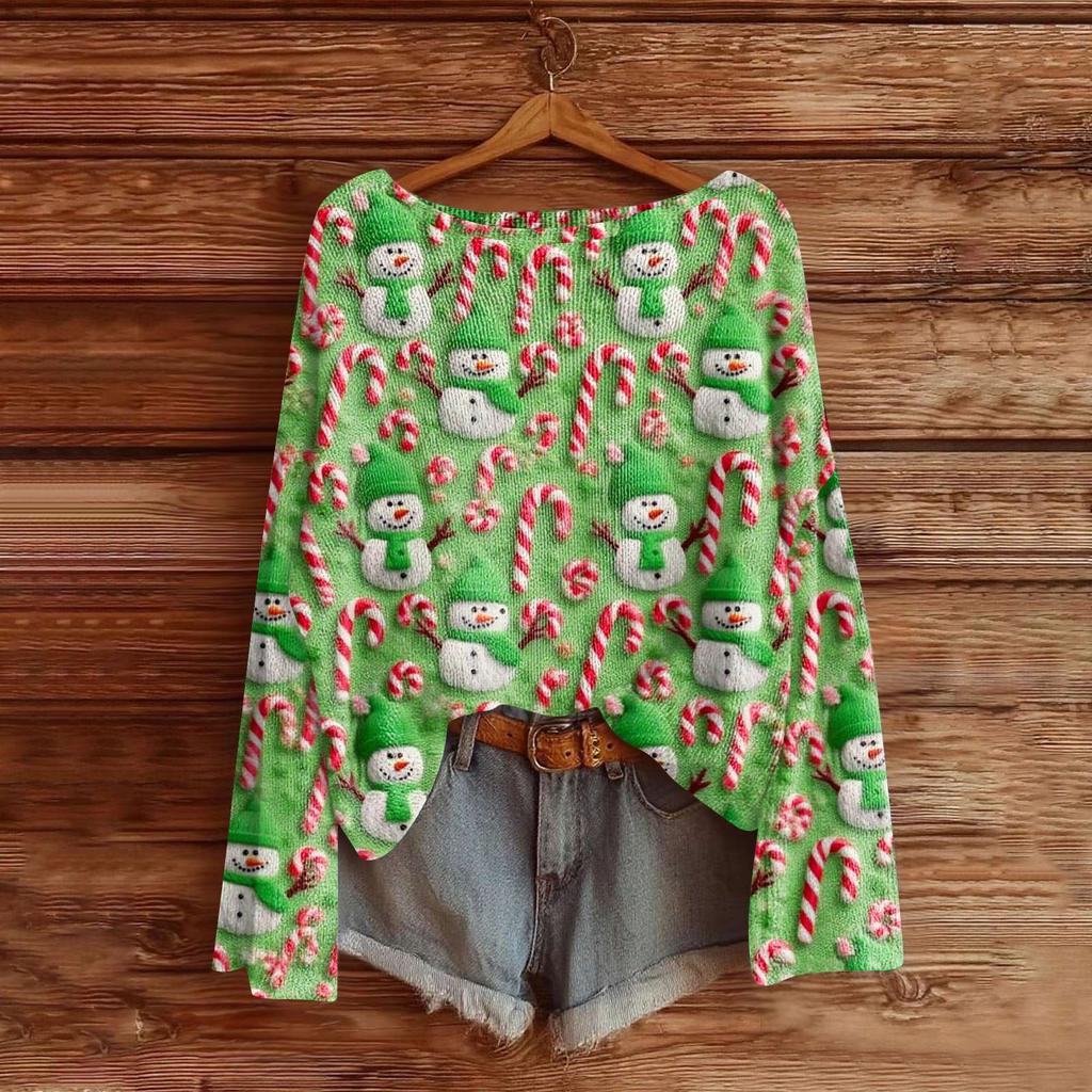 Damemote Langermet Christmas Snowman Snowflake Print Jakke Cardigan