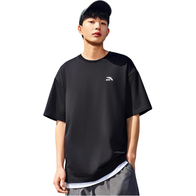 Anta Sports Lifestyle Series Solid Color Round Neck Comfortable Breathable Versatile Short Sleeve T-Shirt Men Tops Black 972528125-6
