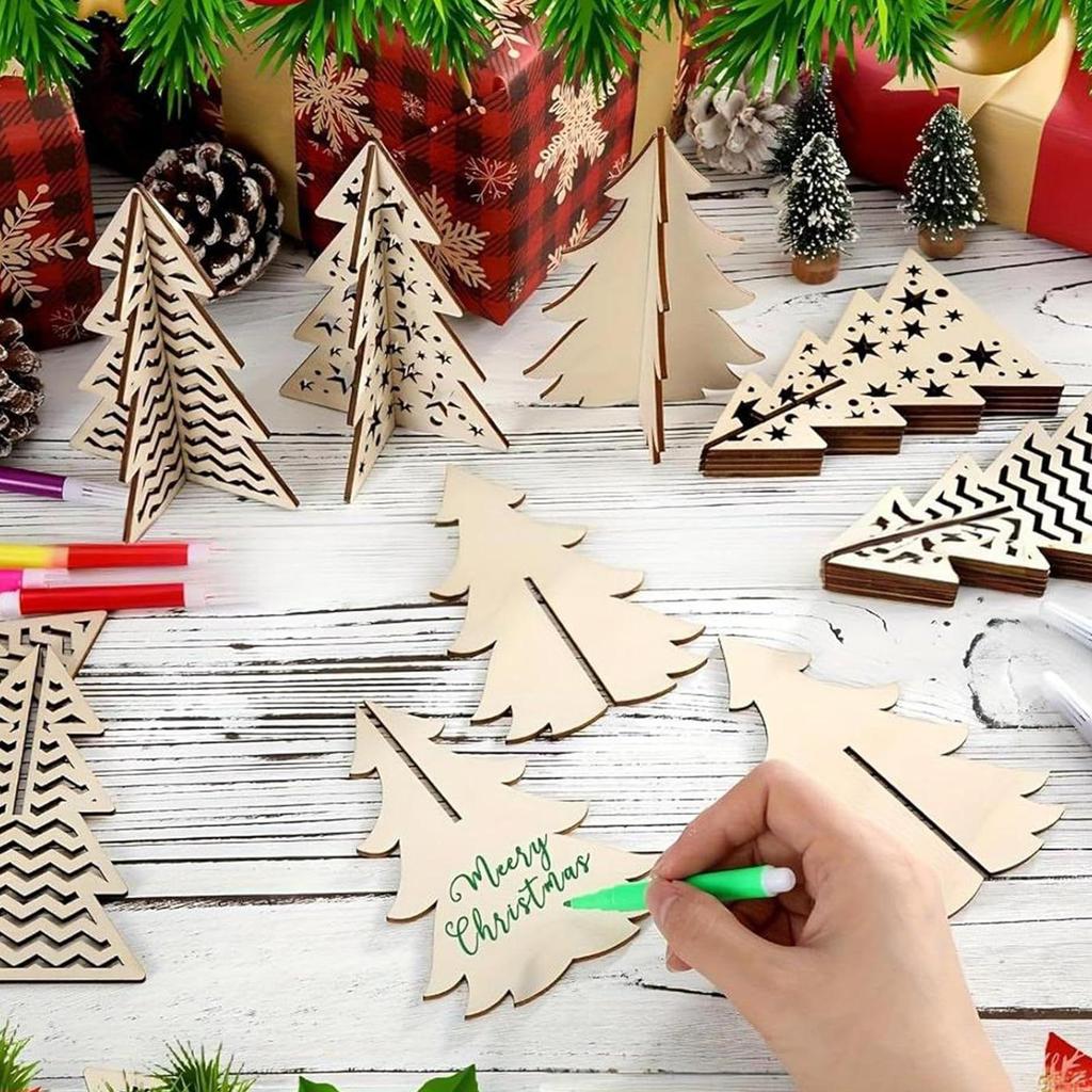 Christmas Tree Craft 3D Unfinished Ornaments DIY Wood Tree Cutout With Colored Markers Set For Kids Adults Winter Holiday
