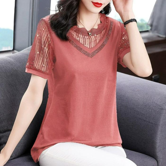 

Mesh Stitching Short-sleeved T-shirt Women s Plus Size Fat Mm Ladies Diamond-studded 5XL темно-рожевого кольору