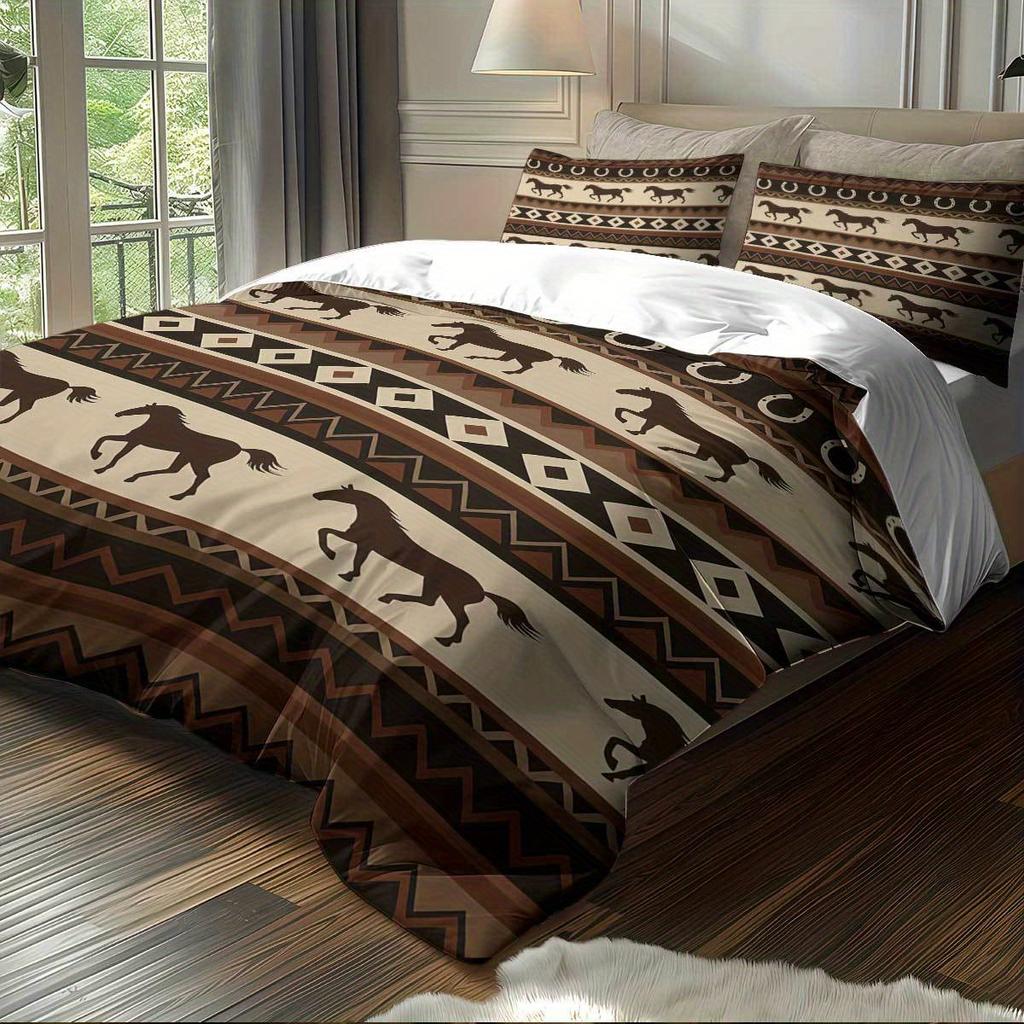 3Pcs Horse Element Design Print Pattern Bedding Set (1 Duvet Cover, 2 Pillowcases, Coreless), Retro Bohemian Pattern