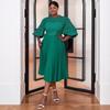 Plus Size Lace Lantern Sleeve Dress with Pleated Skirt - Christmas Gift