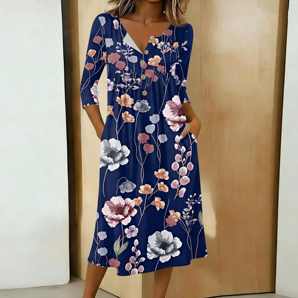 Women's Casual 3/4 Sleeve Button-down Mid-length Dress