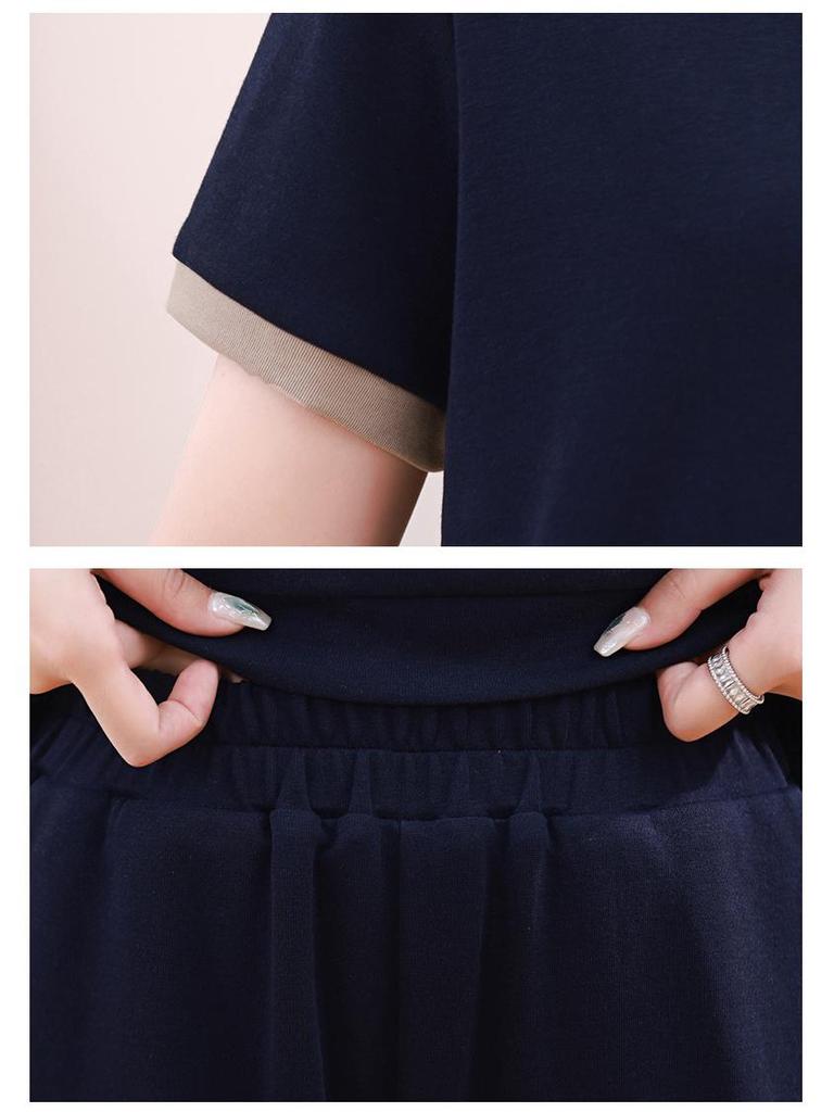 Damski letni zestaw sportowy casualowy w małym rozmiarze, dopasowany krój - dwuczęściowy z krótkim rękawem