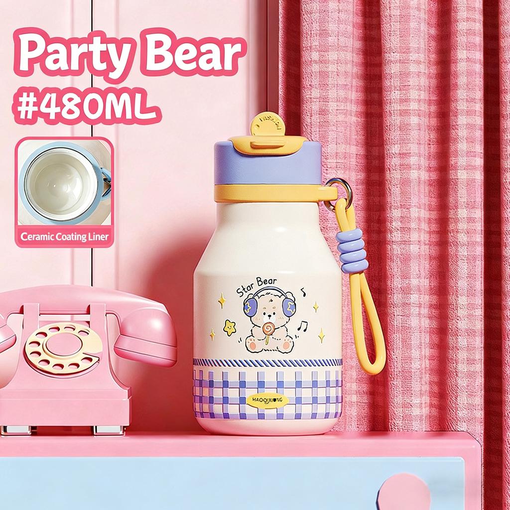 Modern Children's Cartoon Cute Stainless Steel 480ml Leak-Proof Vacuum Insulated Anti-Fall Thickened Strap Water Straw Cup