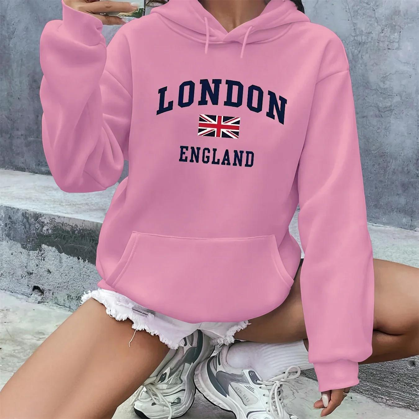 Dames Herfst en Winter Casual Mode Losse Londen Engeland Print Met Capuchon Trekkoord Lange Mouwen Warme Pullover XXXL pink