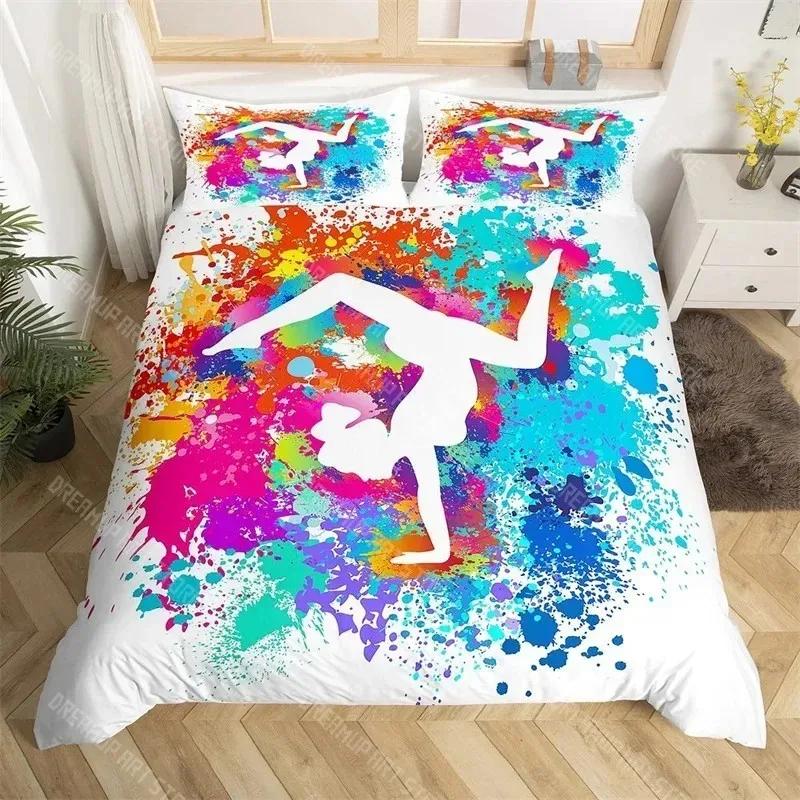 Set Copripiumino Sport Ginnastica Arcobaleno Acquerello Tie Dye Set Biancheria da Letto Queen Microfibra Coperta Trapuntata Cheerleading Per Amante dello Yoga
