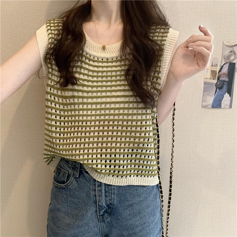 

Summer striped inner hollow knitted vest women s niche loose outer wear sleeveless suspenders Spice girl top tide One size fits all зелений