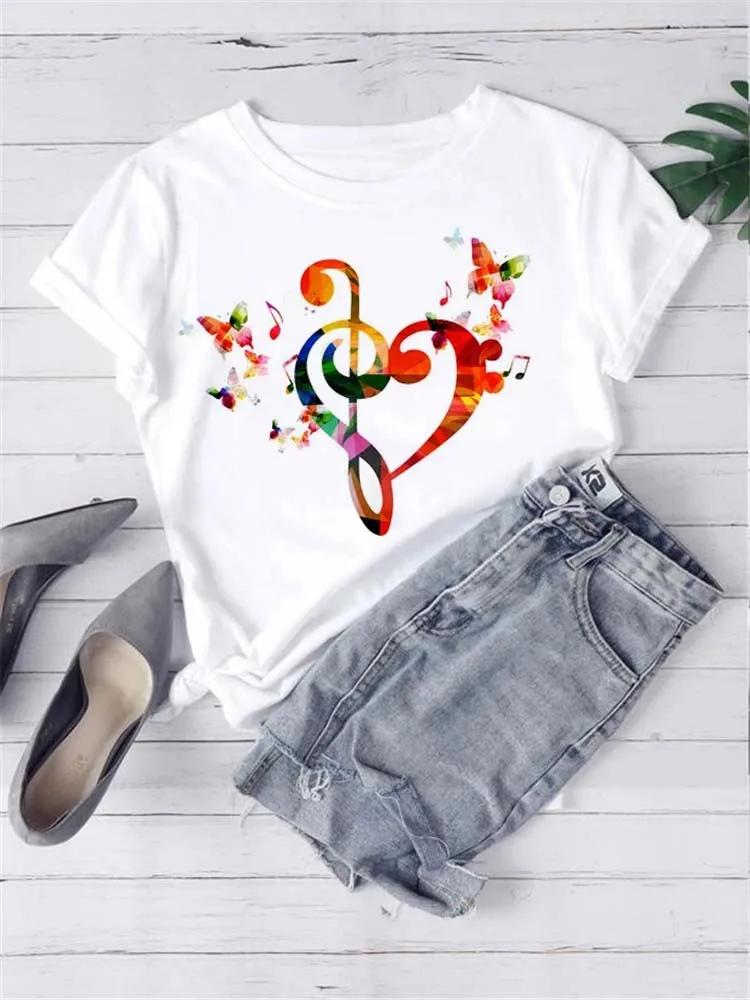 New Women T Shirt Fashion Musical Note Printed T Shirt Harajuku Cute Graphic Tee Shirt Female Ladies Casual Tops Shirts