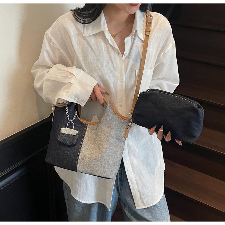 Canvas bag women's large-capacity new summer versatile contrasting color splicing messenger bag premium bucket bag