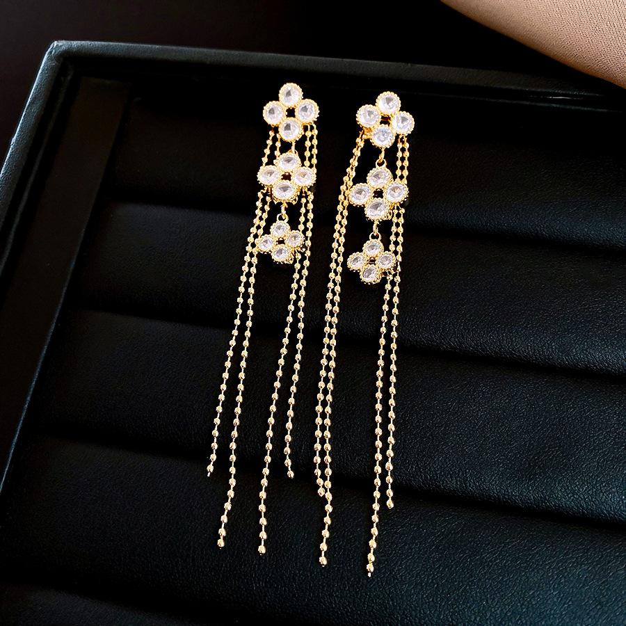 18K real gold electroplated zircon flower fringed stud earrings elegant earrings earrings women