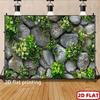 2D Rustic Stone Wall Green Foliage White Flower Vine Photo Backdrop