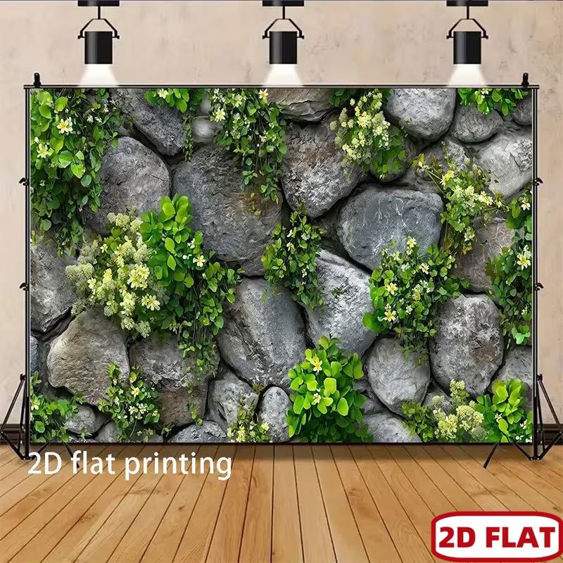 2D Rustic Stone Wall Green Foliage White Flower Vine Photo Backdrop