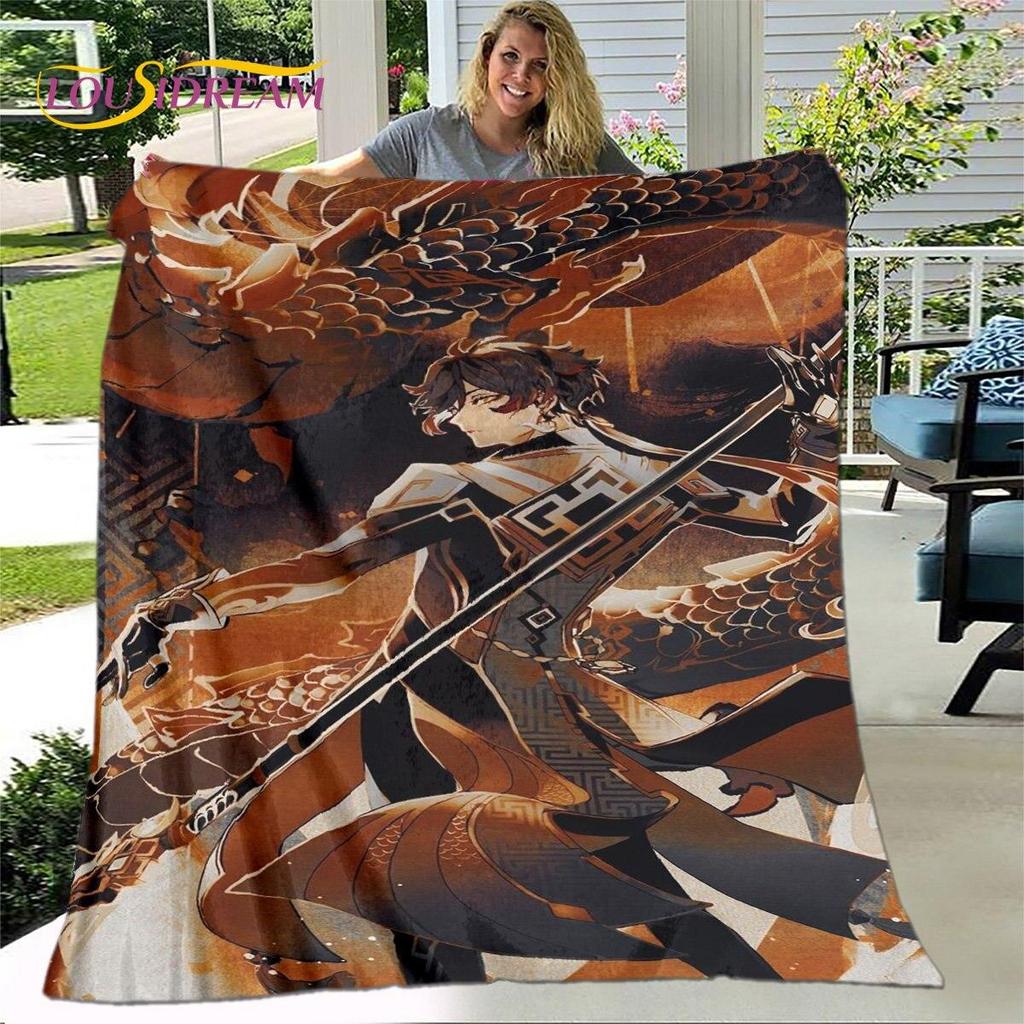 Gra animowana 3D Genshin Impact koc, koc flanelowy rzut koc, miękki ciepły koc do salonu łóżka do sypialni Sofa prezent