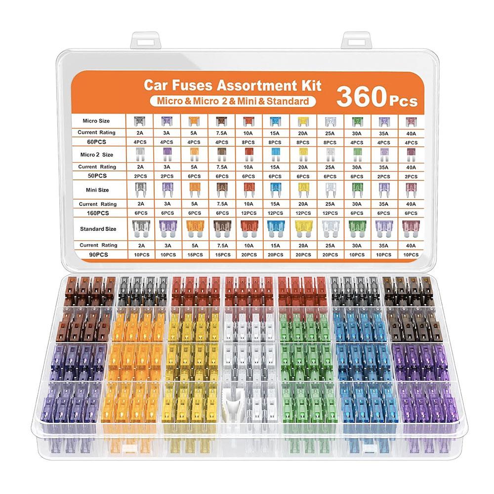 360Pcs Fuse Assortment Kit 160 Mini Blade Fuses Automotive 90 Standard Auto Fuses 50 Micro Fuse 60 Micro2 for Truck Motorcycle aluminium