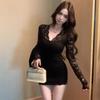 Temperament V-neck Lace Dress Women Autumn and Winter New Hip-hugging Short Skirt Showing Figure with Inner Versatile Skirt