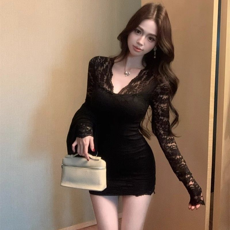Temperament V-neck Lace Dress Women Autumn and Winter New Hip-hugging Short Skirt Showing Figure with Inner Versatile Skirt