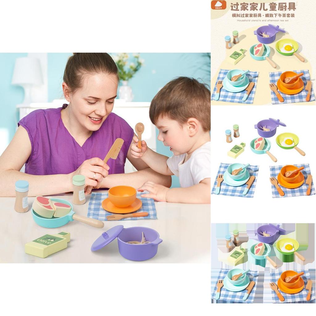 Wooden Simulation Colored Afternoon Tea Kitchen Utensil Set Children Toys For Imaginative Role Play