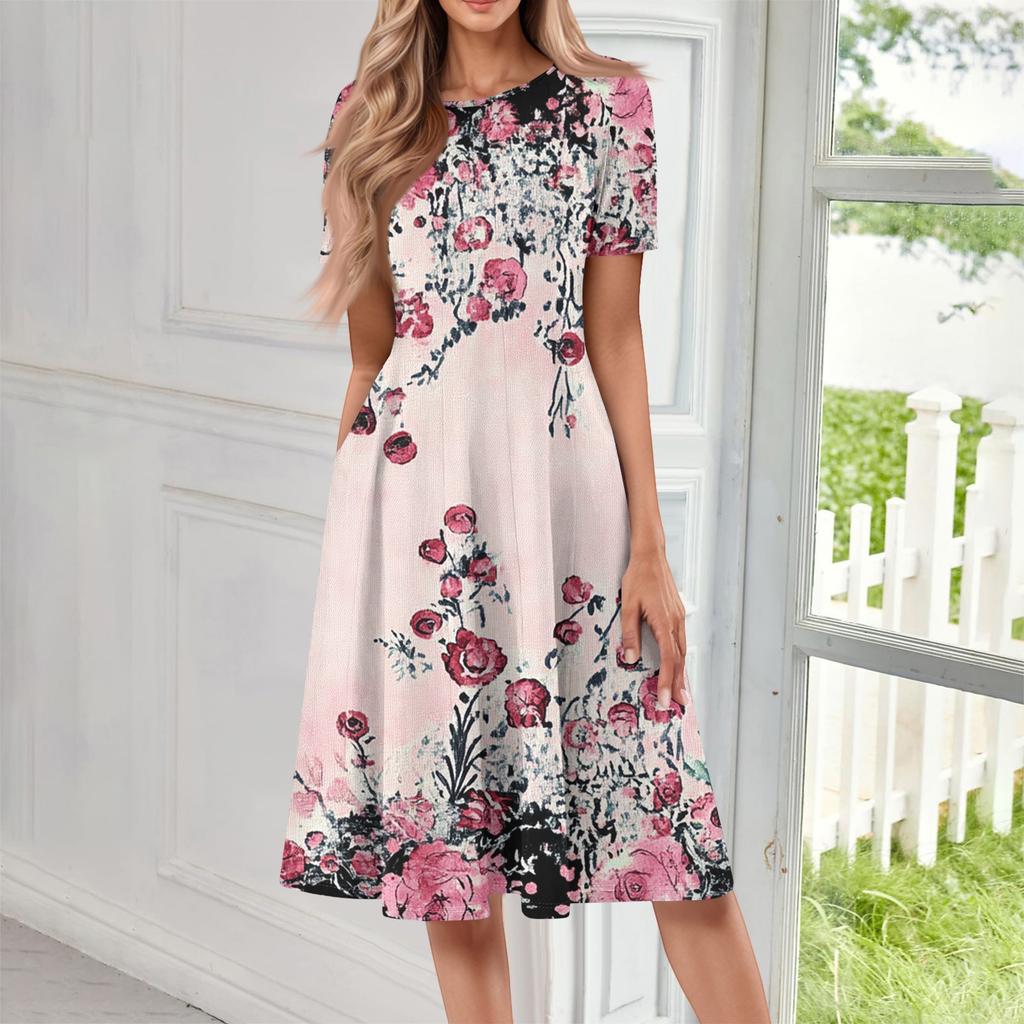 Women's Casual Fashion Round Neck Short Sleeve Print Midi Dress
