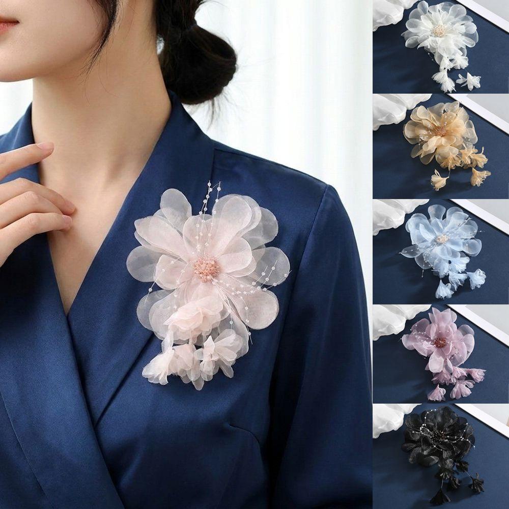 Reusable Handmade Flower Brooch Tassels Fabric Corsage Elegant Organza Flower Applique  Dance