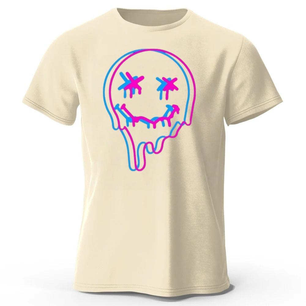 Neon Melting Smiley Face Highquality Pure Cotton Short Sleeved Men Loose Oversized Comfortable Sports Tshirt Street Casual Top