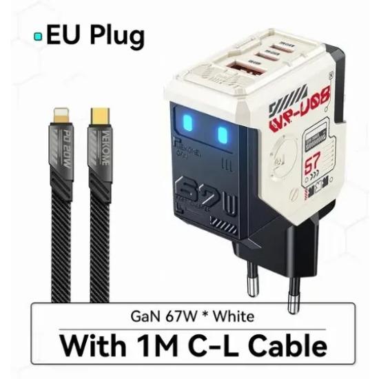 67W GaN Charger Mecha Robot Three Port QC PD Fast Charging Block Power Adapter for iPhone Laptop MacBook Samsung Galaxy Google