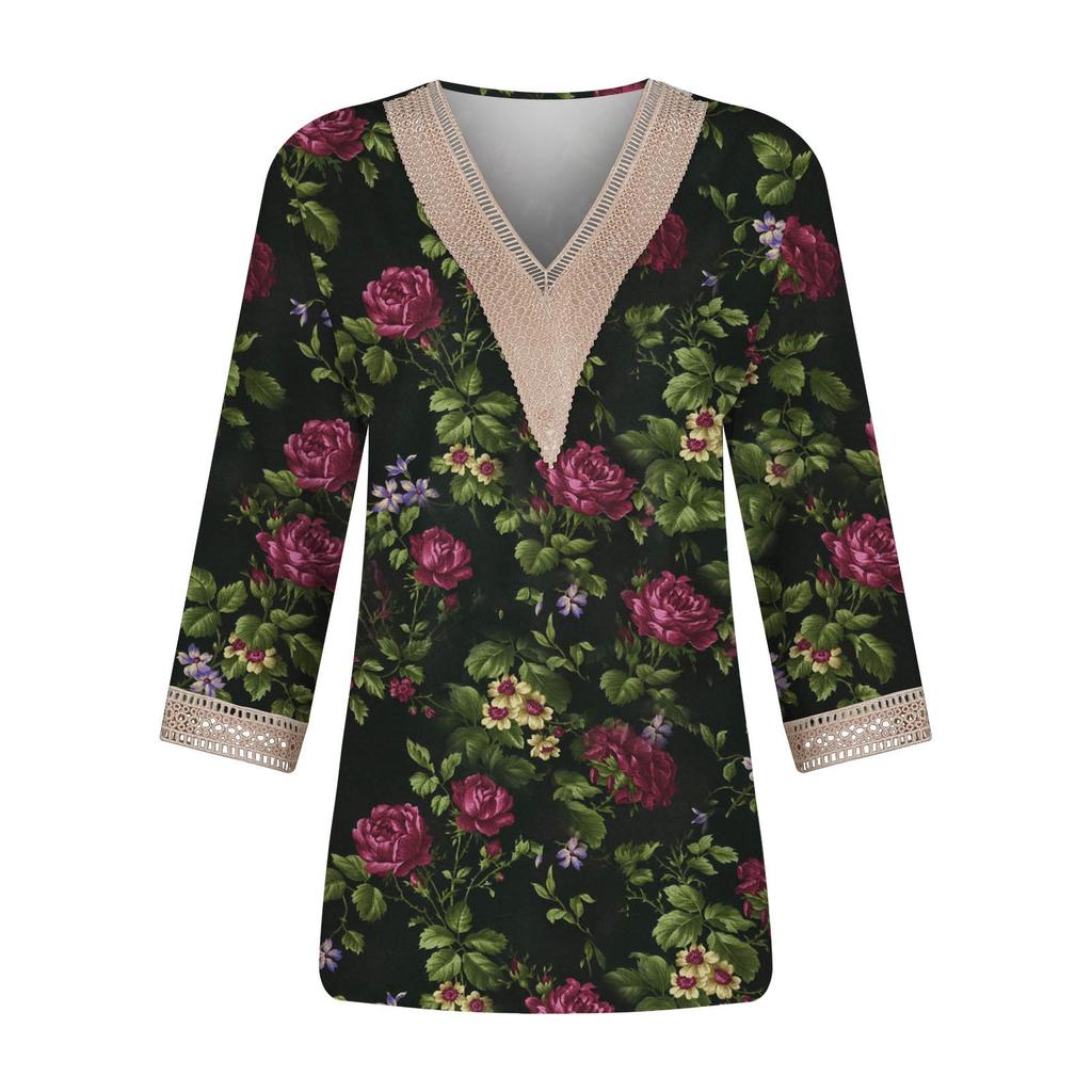 Women's Blouse Casual Loose 3/4 Sleeve Lace Trims Print V Neck Print Tops T-shirts
