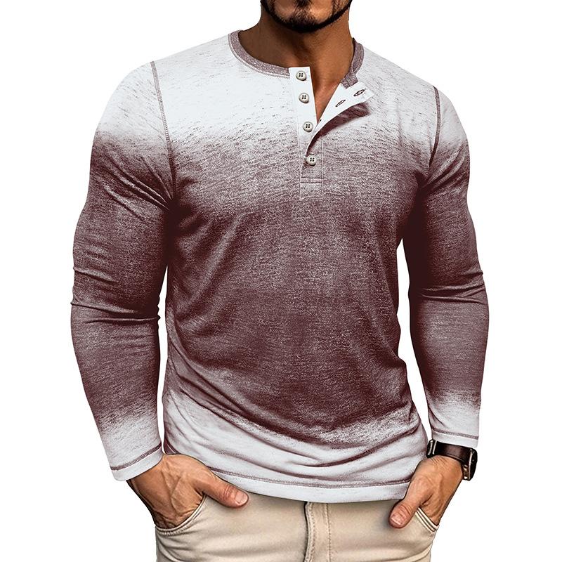 

2025 Autumn and Winter Men s New Round Neck Retro Printed T-shirt Three-button Long-sleeved Casual Loose Versatile Top S красный