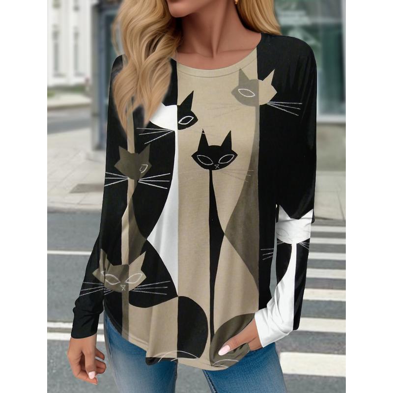 Women's T shirts 3D Print Art Design Cat Pattern Long Sleeve Daily Weekend Fashion Funny Round Neck Regular Fit Spring & Fall