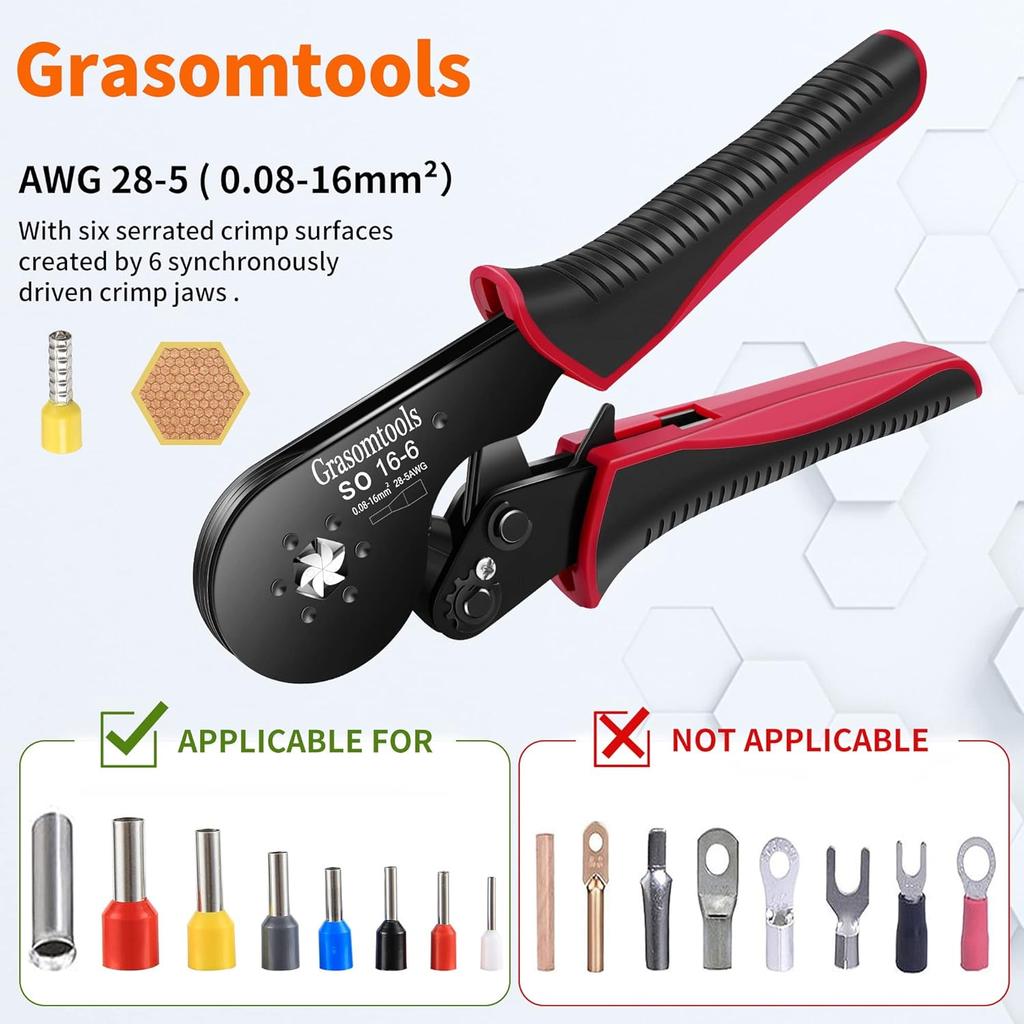 Ferrule Crimping Tool Kit, Self-Adjusting Hex Crimping Pliers for 0.08-16mm² with Wire End Terminals 1200pcs Wire End Ferrules (16-6 Crimper Kit)
