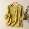Summer Women's Retro Embroidered Cotton Linen Five Quarter Sleeved Shirt Loose Slimming Casual Women's Top Blouses Shirts