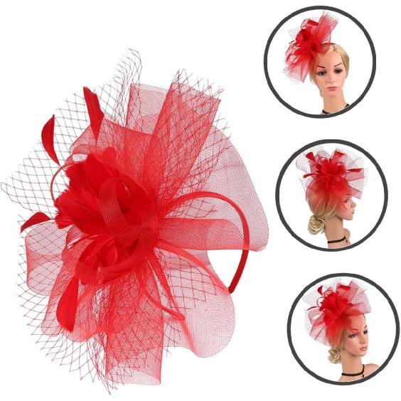 Fascinator Hat Mesh Wedding Hat for Women with Hair Clip and Headband, Red Cocktail Party Flapper Accessory for Tea Party and Special Occasions