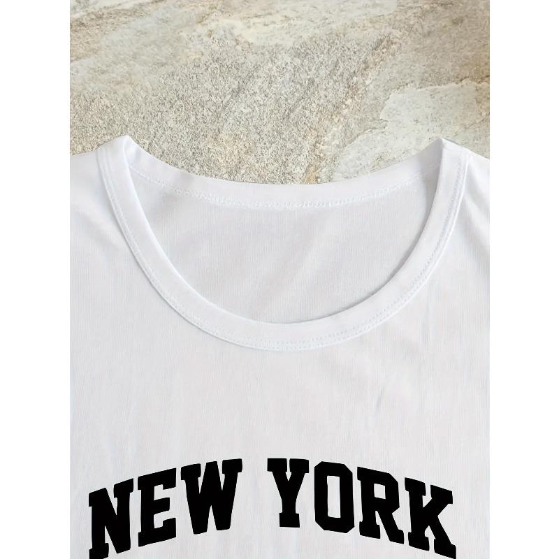 Europese Maat New York Letterprint T-shirt, Korte Mouw Ronde Hals Casual Top Voor Zomer & Lente, Dameskleding