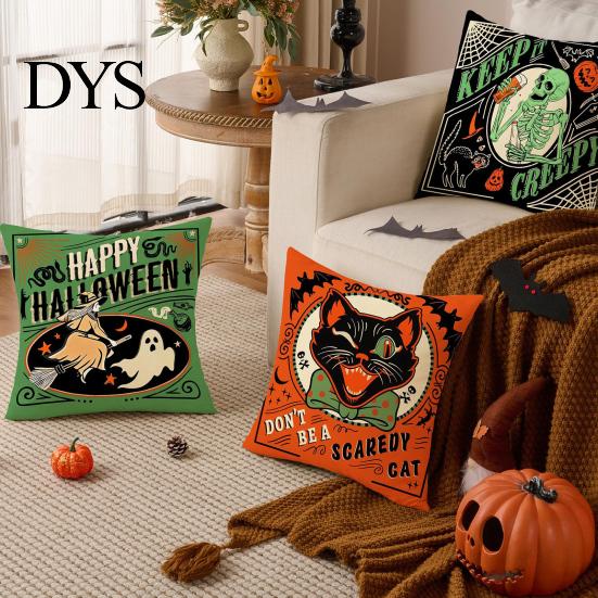 Decorative Bed Cushion Covers 4Pcs/Set Halloween Linen Covers, 18x18 Inch Retro Throw Pillow Cases, Soft Skeleton Pumpkin Black Cat Witch for