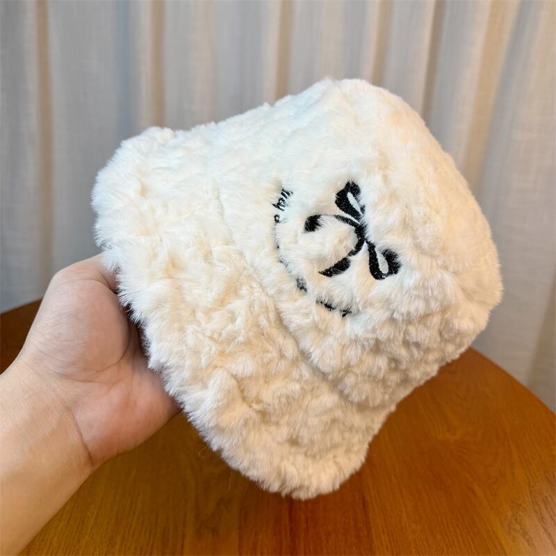 Fisherman Hat Women's Winter New Plush Thickened Warm Bucket Hat White Bow Furry Basin Hat Trendy