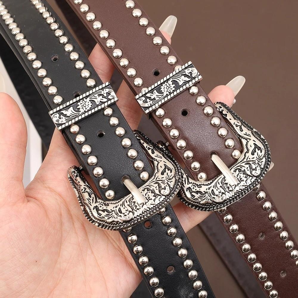 Fashion Y2K Waist Belts Rivet PU Leather Women Gothic Belts Carved Needle Buckle Punk Hip Hop Belt