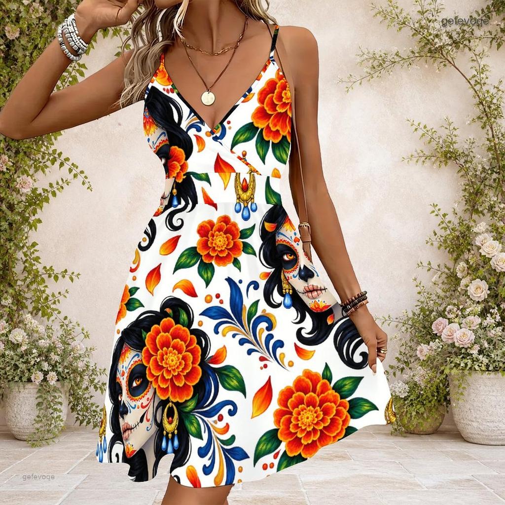Women Plus Size V Neck Strappy Sleeveless Sugar Skull Floral Printed Gathered Waist Flared Dress
