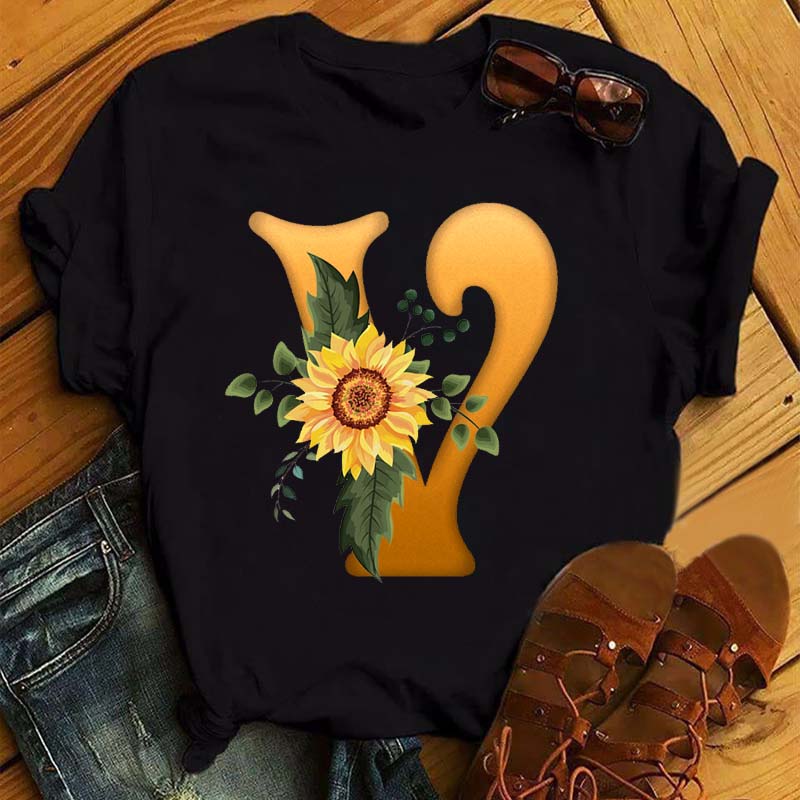 Maycaur Women's T Shirt Custom Name Letter Combination Print Tshirt Sunflower Letter Font A B C D E F G Short Sleeve Ladies Tops