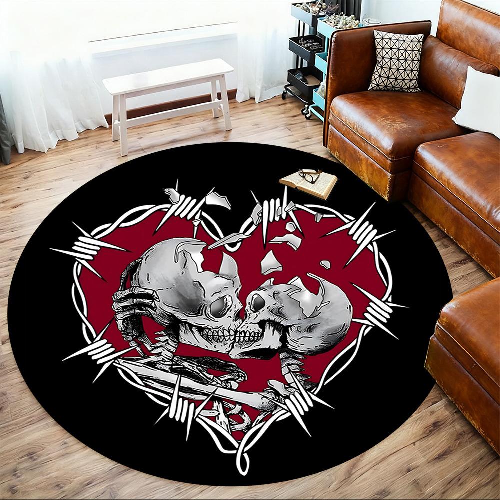 1pc Skulls BarbedWire Round Chair Mat Office Area Rug - Non-Slip, Floor Mat for Office, Bedroom, and Indoor Decor P127119