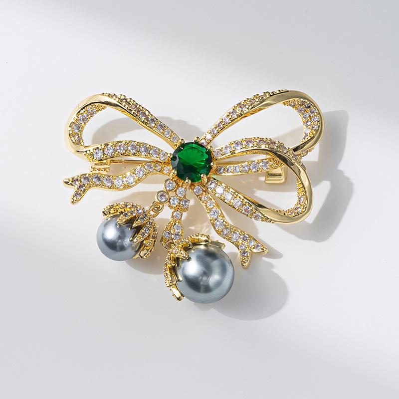 Bo Xin Yun Zirconia Bow Brooch with Black Pearl – Elegant Spring Gift