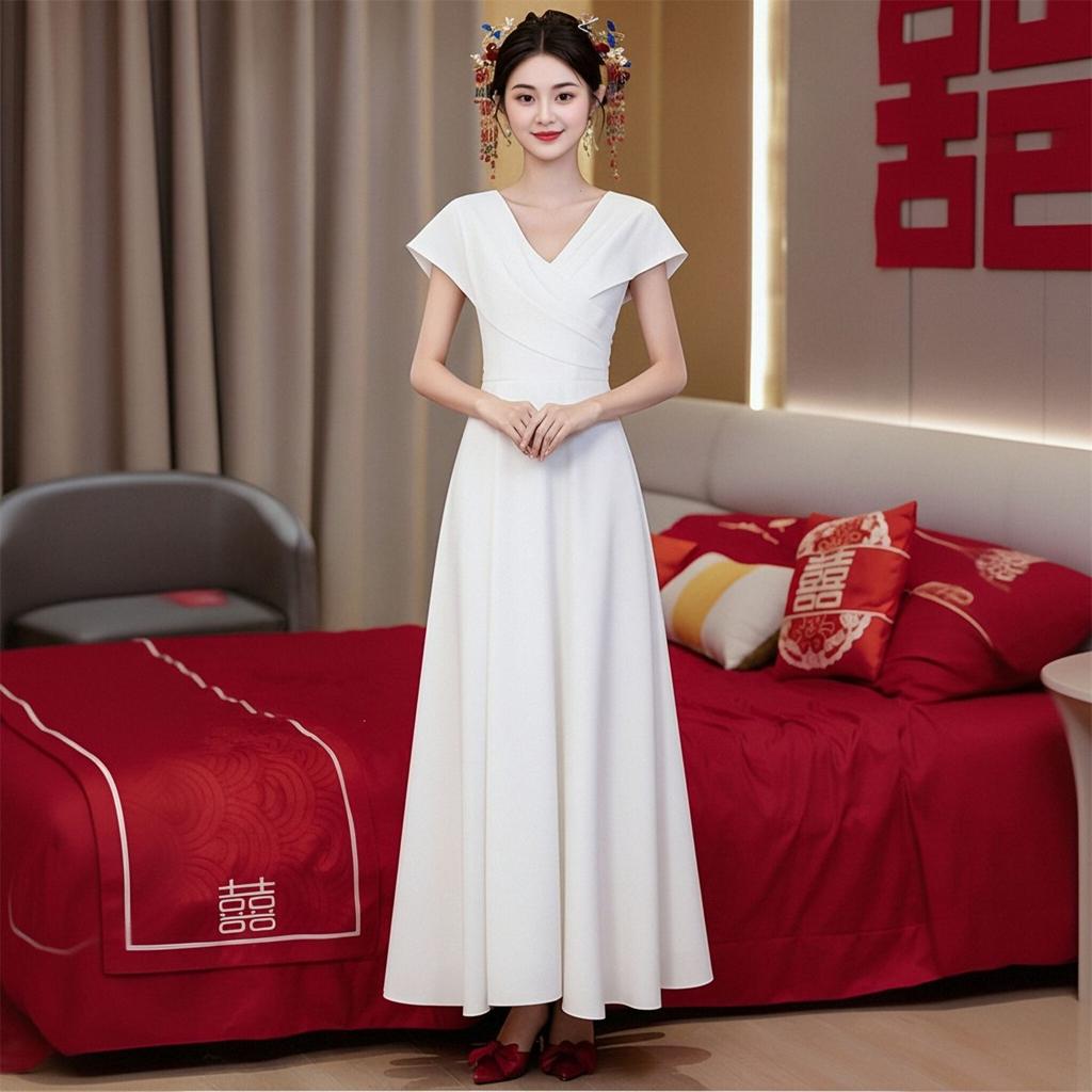 One-word Shoulder White Summer Evening Dress Host Temperament Banquet Can Usually Wear French Graduation Dress