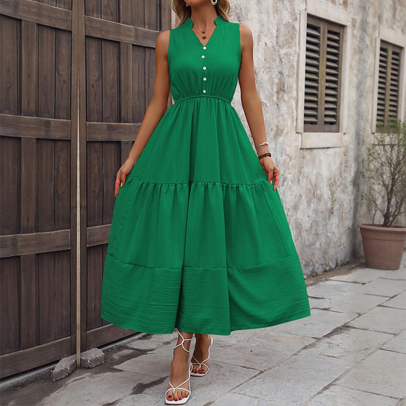 2025 new casual simple style high waist sleeveless solid color dress long skirt waist