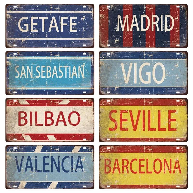 Spain City Metal Sign Licenses Plate Plaque Metal Vintage Tin Sign BARCELONA/MADRID/SEVILLE Flag Bar Pub Man Cave Club Poster