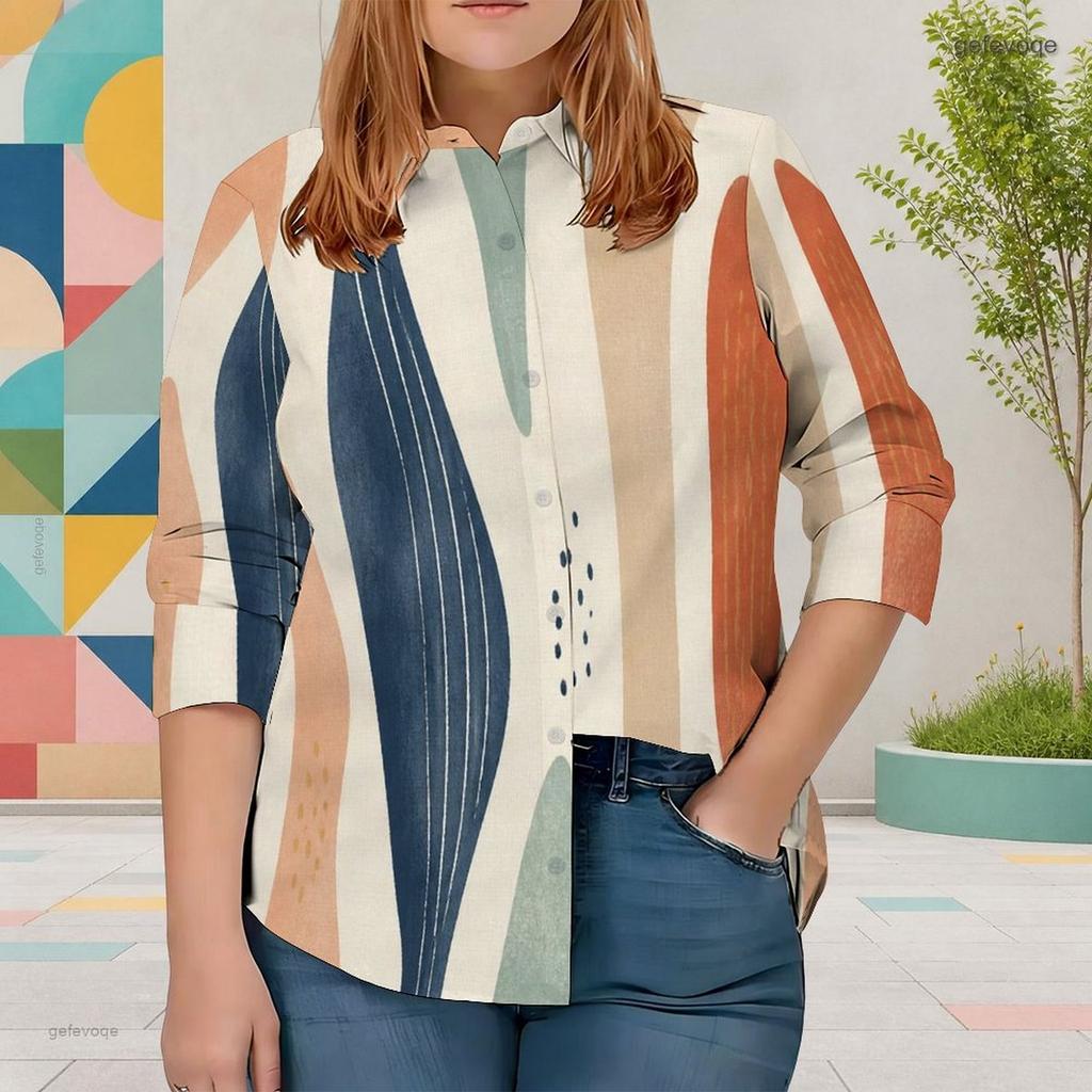 Women Plus Size Printed Collared Long Sleeve Shirt Button Front Curved Hem Pink Black White Gray
