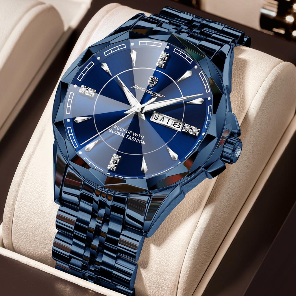 POEDAGAR Top Fashion Man Clock Business Waterproof Luminous Date Week Wristwatch Quartz Stainless Steel Casual Watches