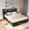 Leather Gas Lift Storage Bed with USB Type C Charging Music Sync LED Lights Queen Full Black White 300KG Capacity
